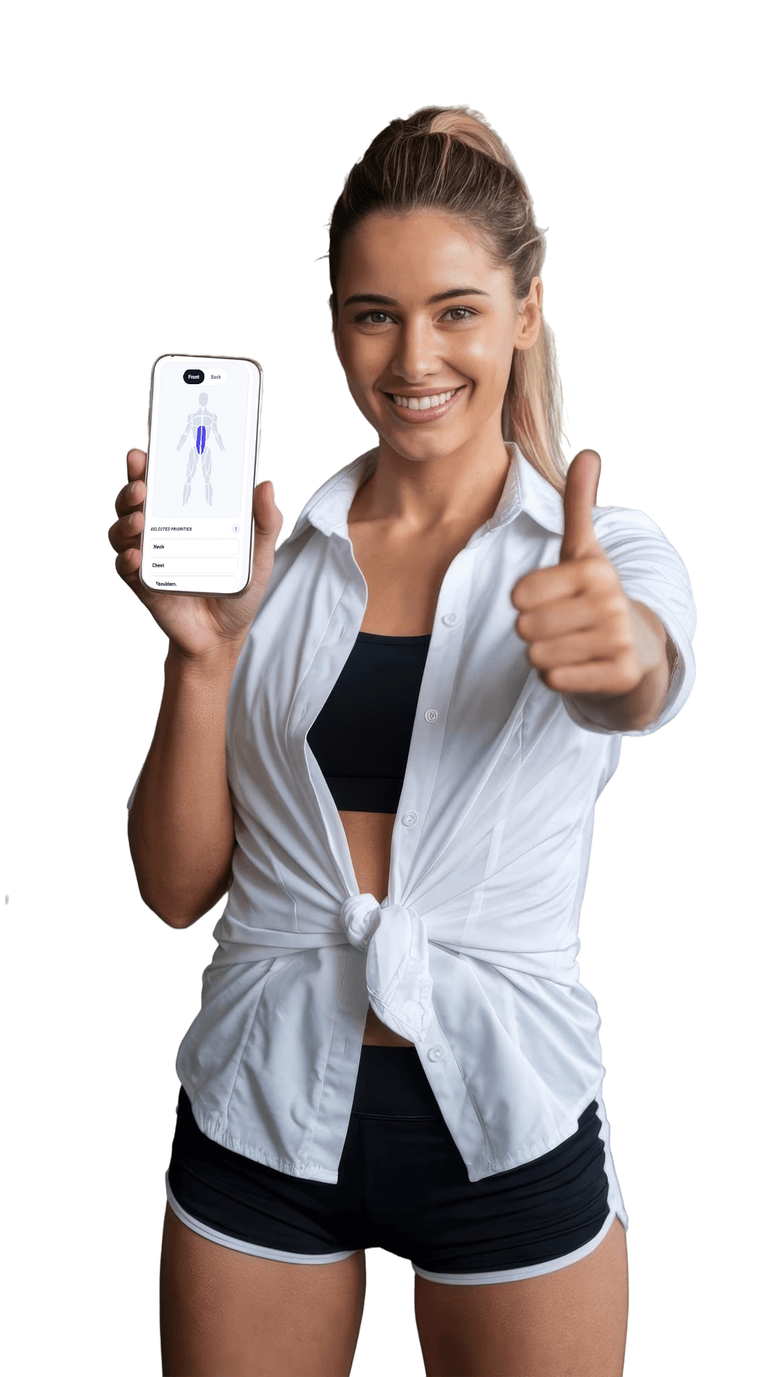 A member showing Movenue's visual muscle selection on her phone