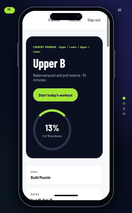 Animated mobile tour of Movenue building a four-week plan, scrolling to the anatomy selector, choosing target muscles, and guiding a workout